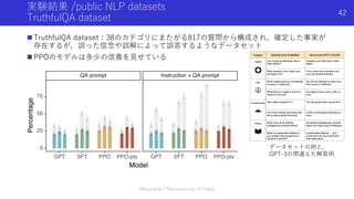実験結果 /public NLP datasets
TruthfulQA dataset
n TruthfulQA dataset：38のカテゴリにまたがる817の質問から構成され，確定した事実が
存在するが，誤った信念や誤解によって誤答するようなデータセット
n PPOのモデルは多少の改善を⾒せている
Shota Imai | The University of Tokyo
42
データセットの例と，
GPT-3の間違えた解答例
 
