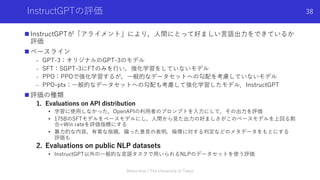 InstructGPTの評価
n InstructGPTが「アライメント」により，⼈間にとって好ましい⾔語出⼒をできているか
評価
n ベースライン
- GPT-3：オリジナルのGPT-3のモデル
- SFT：SGPT-3にFTのみを⾏い，強化...