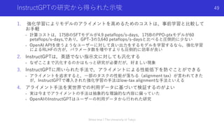 InstructGPTの研究から得られた⽰唆
1. 強化学習によりモデルのアライメントを⾼めるためのコストは、事前学習と⽐較して
お⼿軽
- 計算コストは，175BのSFTモデルが4.9 petaflops/s-days，175BのPPO-pt...