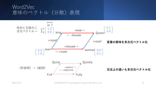 Word2Vec
意味のベクトル（分散）表現
2023/3/22 ©YAMASHITA Technology & Engineering Office, LLC 19
king Queen
man woman
+royal +royal
+female→
← -female
←+male
-male→
1 0
0 0
0 0
1 0
0 0
0 1
0 1
0 0
m f
r
c
性別と王族の⼆
次元ベクトル→
Full Fully
Quick Quickly
+adverv →
← +adjective
（形容詞）→（副詞）
⾔葉の意味を多次元ベクトル化
⽂法上の違いも多次元ベクトル化
gender
family
 