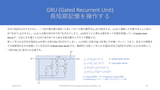 GRU (Gated Recurrent Unit)
⻑短期記憶を操作する
©YAMASHITA Technology & Engineering Oﬃce, LLC 26
2023/3/22
fσ
はSigmoid関数、ftanh
はHyperbolic Tangent関数
oはHadamard(アダマール)積:⾏列の成分ごとの積
z(t)=fσ
z(x(t), h(t-1))
r(t)=fσ
r (x(t), h(t-1))
h(t)=ftanh
h(x(t),r(t)oh(t-1))
h(t)=(1-z(t))oh(t-1)+z(t)oh(t))
~
~
← update gate vector
← reset gate vector
①
②
③
④
x(t)
h(t-1)
y(t)
h(t)
X
σ tanh
+
σ
r z
1-.
X
roh
X
1-z
(1-z)oh
zo
h
~
h
~
④式でh(t)を出⼒するために、⼀つ前の隠れ層の値h(t-1)と新しく作った隠れ層h(t)を(1-z):zで配合する。z=0なら連続した⽂脈でほとんど前の
h(t-1)をh(t )に出⼒するし、z=1なら⽂脈の切れ⽬でh(t-1)を忘れてしまう。zは成分ごとに異なる値を持って記憶を制御しているUpdate Gate
Vectorで、①式に⽰す通り⼊⼒x(t)と前のh(t-1)から成る全結合層のシグモイド関数です。
新しく作られる③式のh(t)はr=0の時には前のh(t-1)を忘れてしまい、r=1の時には前のh(t-1)を強く引き継いでいく。つまり、前までの情報を
どの程度弱めるかを制御している②式のrはReset Gate Vectorです。最終的には新しく作られるh(t)は④式でh(t)を作る時に⼊⼒xを加味しつ
つ前のh(t-1)と混ぜられる値です。
~
~
~
 