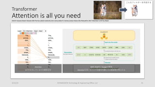 Attention
itが何を⽰しているかの確率分布
BERT 2018年にGoogleが開発
Attentionを⽤いることで⽂脈を考慮した分散表現が得られる
Transformer
Attention is all you need
3/22/23 ©YAMASHITA Technology & Engineering Oﬃce, LLC 31
Ashish Vaswani,Noam Shazeer,Niki Parmar,Jakob Uszkoreit,Llion Jones,Aidan N. Gomez,Łukasz Kaiser,Illia Polosukhin 2017 Attention Is All You Need
こんなフィルターを作成する
 
