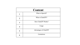 Content
1
What is OpenAI?
2
What is ChatGPT?
3
How ChatGPT Works?
4
Usage
5
Advantages of ChatGPT
6
Limitations
 