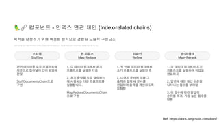 🦜🔗 컴포넌트 - 인덱스 연관 체인 (Index-related chains)
사용자 입력을 받아 적절한 형식으로 구성하고, 모델에 전달하여 응답을 받고, 모델 출력을 검증하고 필요한 경우 수정할 수 있도록 구성 가능
목적을 달성하기 위해 특정한 방식으로 결합된 모듈식 구성요소
Ref. https://docs.langchain.com/docs/
스터핑
Stuffing
맵 리듀스
Map Reduce
관련 데이터를 모두 프롬프트에
지문으로 집어넣어 언어 모델에
전달
StuffDocumentsChain으로
구현
리파인
Refine
맵-리랭크
Map-Rerank
1. 첫 번째 데이터 청크에서
초기 프롬프트를 실행한 후
2. 나머지 문서에 대해 그
출력과 함께 새 문서를
전달하여 출력을 개선하도록
요청함
1. 각 데이터 청크에서 초기
프롬프트를 실행한 다음
2. 초기 출력을 모두 결합하는
데 사용되는 다른 프롬프트를
실행합니다.
MapReduceDocumentsChain
으로 구현
1. 각 데이터 청크에서 초기
프롬프트를 실행하여 작업을
완료하고
2. 답변에 대한 확신 수준을
나타내는 점수를 부여함
3. 이 점수에 따라 응답이
순위를 매겨, 가장 높은 점수를
반환
 