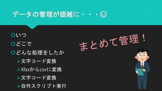 データの管理が煩雑に・・・😅
いつ
どこで
どんな処理をしたか
文字コード変換
Xlsxからcsvに変換
文字コード変換
自作スクリプト実行
 