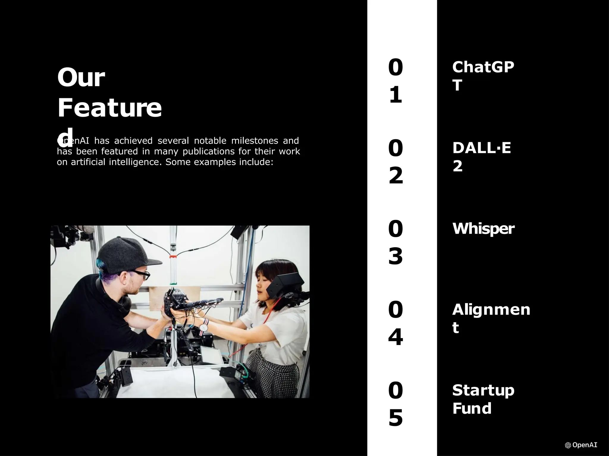 0
1
ChatGP
T
0
5
Startup
Fund
0
4
Alignmen
t
0
3
Whisper
0
2
DALL·E
2
Our
Feature
d
OpenAI has achieved several notable milestones and
has been featured in many publications for their work
on artificial intelligence. Some examples include:
 