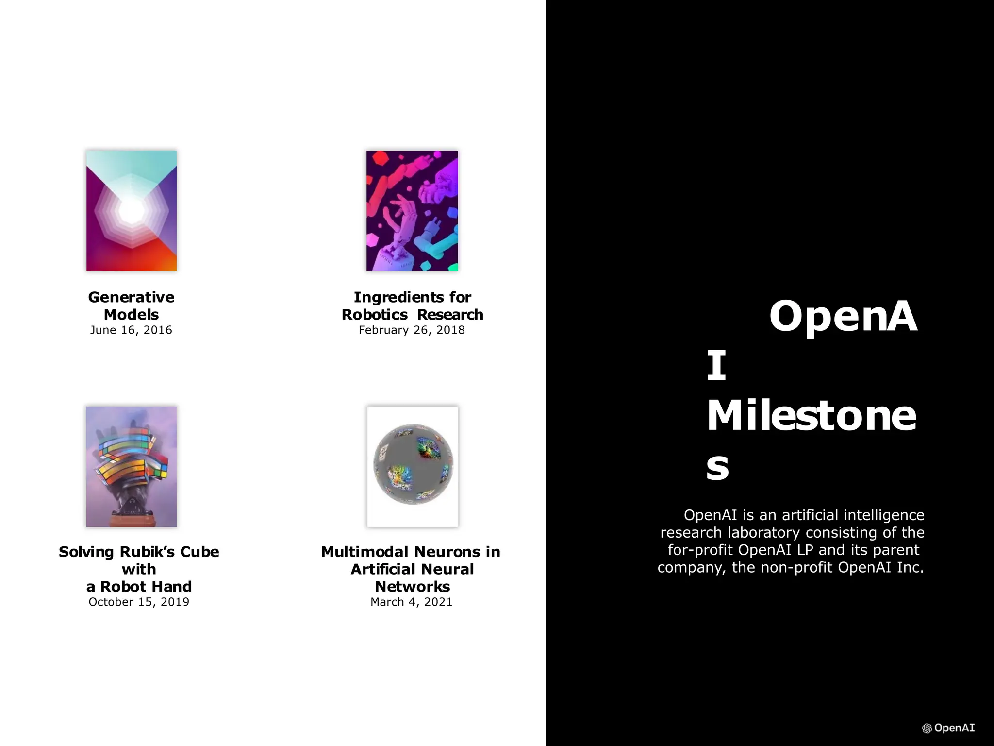 OpenA
I
Milestone
s
OpenAI is an artificial intelligence
research laboratory consisting of the
for-profit OpenAI LP and its parent
company, the non-profit OpenAI Inc.
Generative
Models
June 16, 2016
Ingredients for
Robotics Research
February 26, 2018
Solving Rubik’s Cube
with
a Robot Hand
October 15, 2019
Multimodal Neurons in
Artificial Neural
Networks
March 4, 2021
 