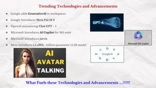 Trending Technologies and Advancements
❖ Google adds GenerativeAI to workspaces
❖ Google Introduces Meta PaLM 2
❖ OpenAI announcing Chat GPT - 5
❖ Microsoft Introduces AI Copilot for 365 suite
❖ Microsoft Introduces Jarvis
❖ Meta introduces LLaMA - billion parameter LLM model
What Fuels these Technologies and Advancements ….???!!!
 