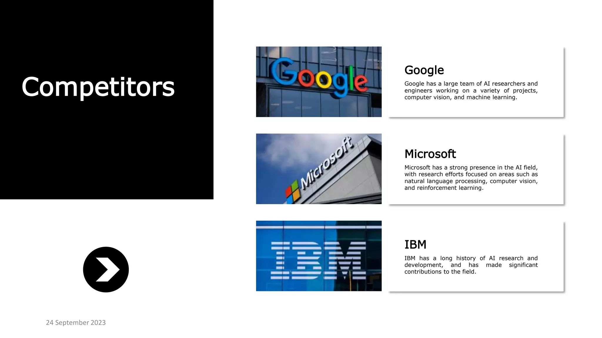 Competitors
Google
Google has a large team of AI researchers and
engineers working on a variety of projects,
computer vision, and machine learning.
Microsoft
Microsoft has a strong presence in the AI field,
with research efforts focused on areas such as
natural language processing, computer vision,
and reinforcement learning.
IBM
IBM has a long history of AI research and
development, and has made significant
contributions to the field.
24 September 2023
 