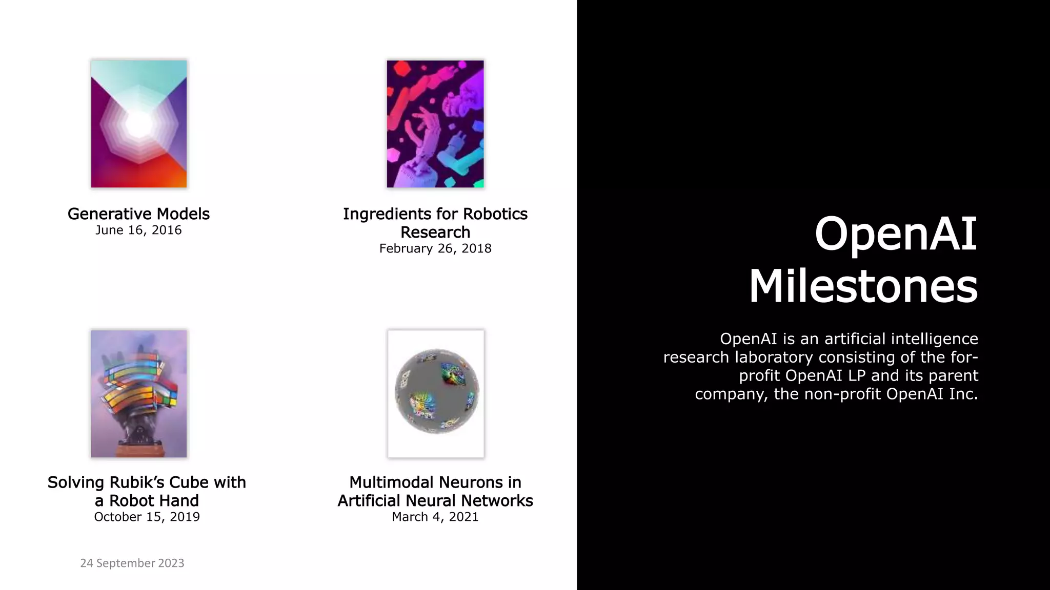 OpenAI
Milestones
OpenAI is an artificial intelligence
research laboratory consisting of the for-
profit OpenAI LP and its parent
company, the non-profit OpenAI Inc.
Generative Models
June 16, 2016
Ingredients for Robotics
Research
February 26, 2018
Solving Rubik’s Cube with
a Robot Hand
October 15, 2019
Multimodal Neurons in
Artificial Neural Networks
March 4, 2021
24 September 2023
 