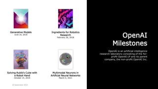 OpenAI
Milestones
OpenAI is an artificial intelligence
research laboratory consisting of the for-
profit OpenAI LP and its parent
company, the non-profit OpenAI Inc.
Generative Models
June 16, 2016
Ingredients for Robotics
Research
February 26, 2018
Solving Rubik’s Cube with
a Robot Hand
October 15, 2019
Multimodal Neurons in
Artificial Neural Networks
March 4, 2021
24 September 2023
 