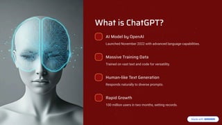 What is ChatGPT?
AI Model by OpenAI
Launched November 2022 with advanced language capabilities.
Massive Training Data
Trained on vast text and code for versatility.
Human-like Text Generation
Responds naturally to diverse prompts.
Rapid Growth
100 million users in two months, setting records.
 
