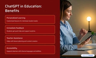 ChatGPT in Education:
Benefits
Personalized Learning
Customized lessons for individual student needs.
Immediate Feedback
Students get quick help and support anytime.
Teacher Assistance
Helps with lesson planning and content creation.
Accessibility
Supports learners with diverse languages and abilities.
 