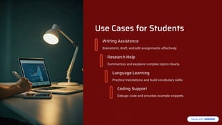 Use Cases for Students
Writing Assistance
Brainstorm, draft, and edit assignments effectively.
Research Help
Summarizes and explains complex topics clearly.
Language Learning
Practice translations and build vocabulary skills.
Coding Support
Debugs code and provides example snippets.
 