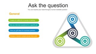 Ask the question
Create an outline for a course or training
Ask you interview questions for a specific job
Give you gift ideas for business partners
General
Choose a random contest winner from a list
You can impress your need through a human readable question
 