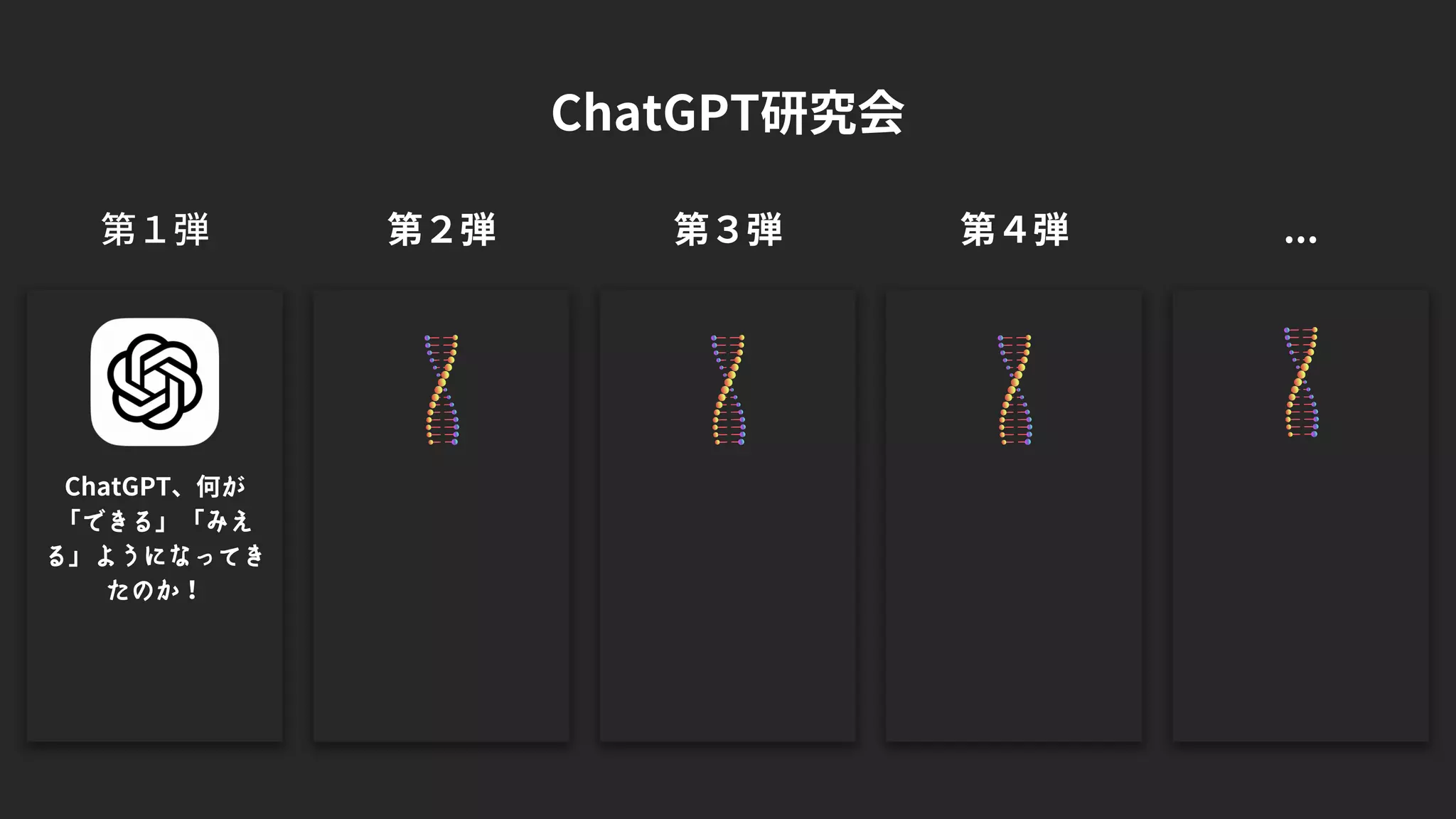 ChatGPT研究会
第２弾
第１弾
ChatGPT、何が
「できる」「みえ
る」ようになってき
たのか！
第３弾 第４弾 ...
 