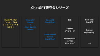ChatGPT研究会シリーズ
ChatGPT、何が
「できる」「みえ
る」ようになってき
たのか！
Microsoft +
OpenAI
&
Azure OpenAI
Service
OpenAI社
ChatGPT API
LLM
英語 Hack with
ChatGPT
Prompt
engineering
OpenAI
API シリーズ
Azure OpenAI
Service
API シリーズ
Azure OpenAI
Service
ChatGPT API
 