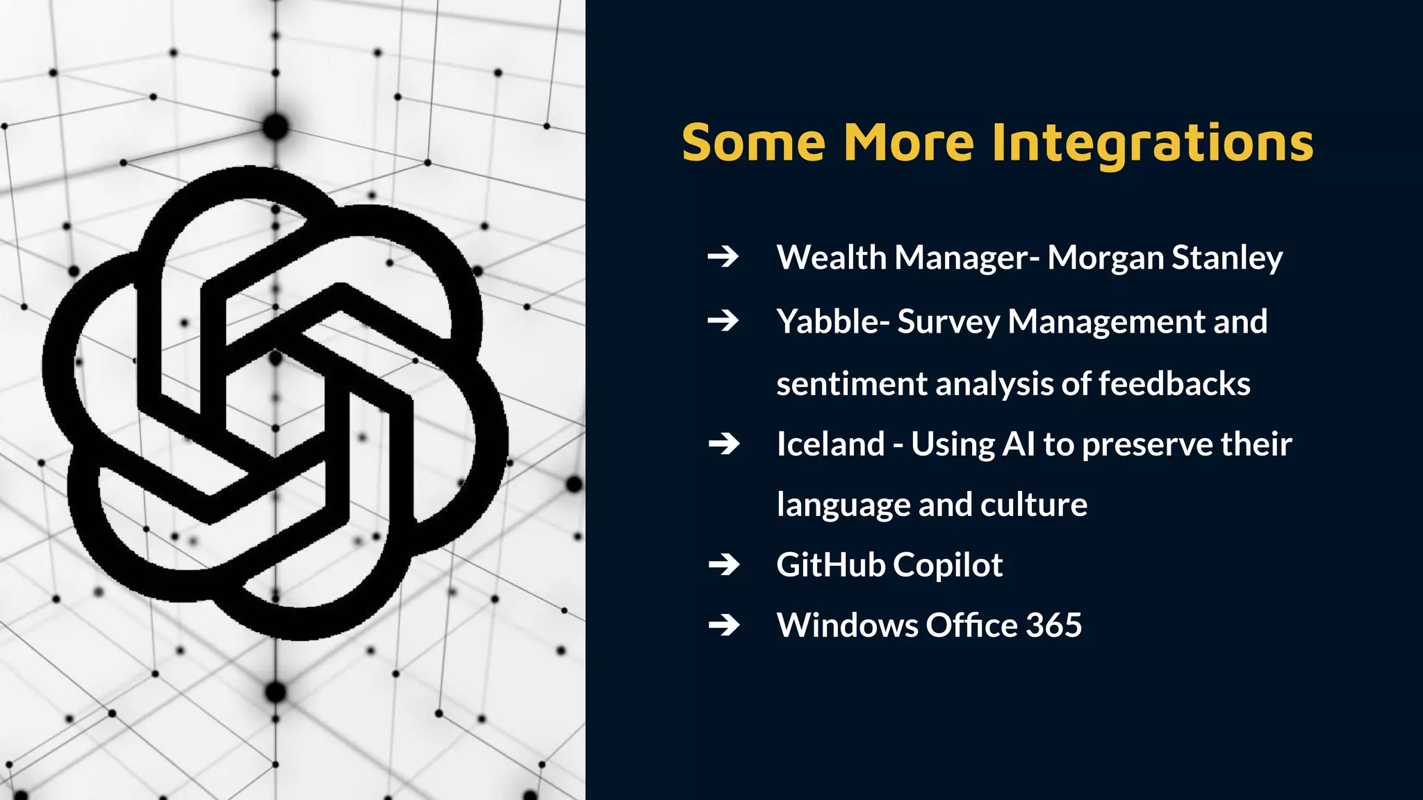 ➔ Wealth Manager- Morgan Stanley
➔ Yabble- Survey Management and
sentiment analysis of feedbacks
➔ Iceland - Using AI to preserve their
language and culture
➔ GitHub Copilot
➔ Windows Ofﬁce 365
Some More Integrations
 
