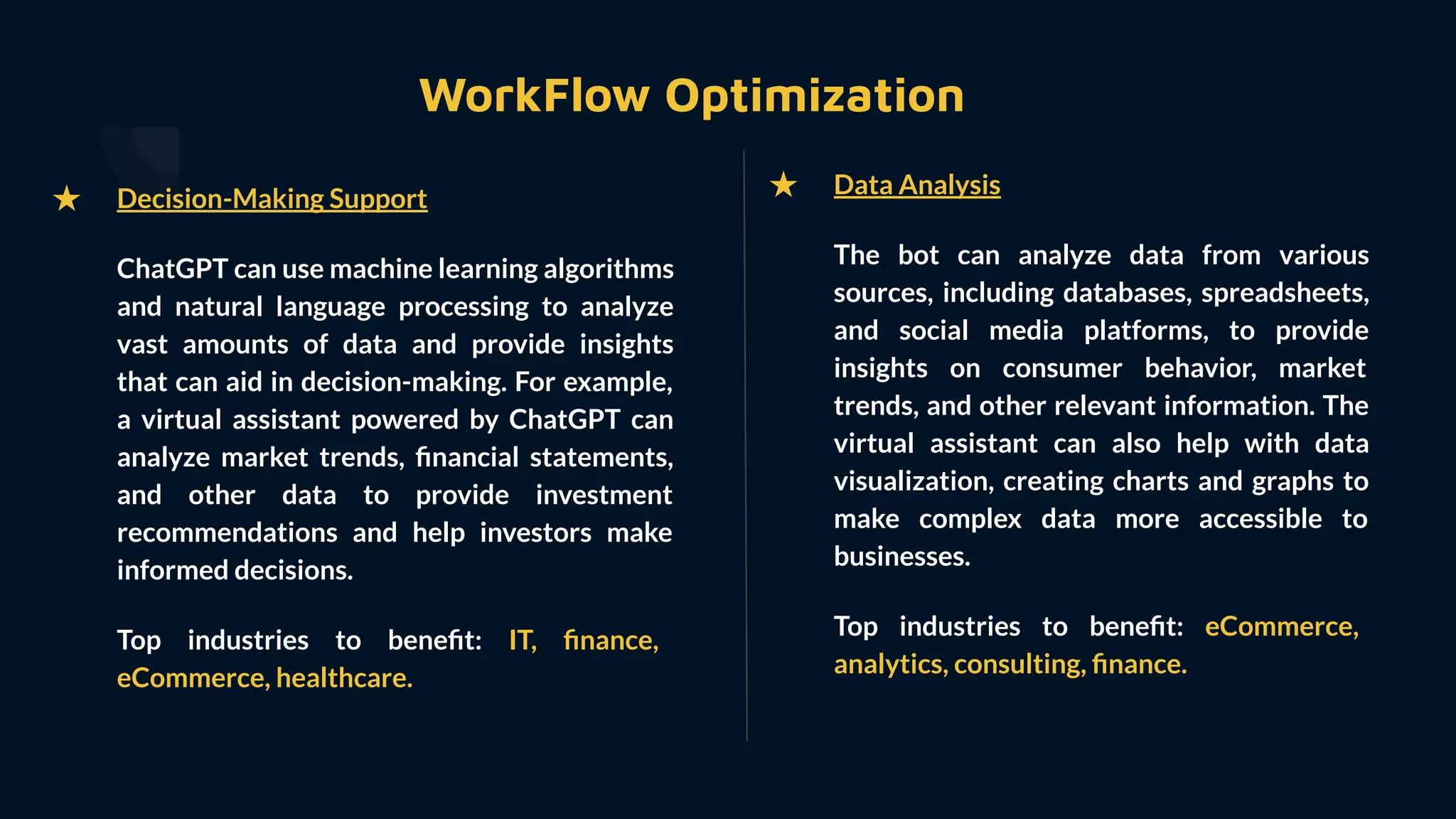 WorkFlow Optimization
★ Data Analysis
The bot can analyze data from various
sources, including databases, spreadsheets,
and social media platforms, to provide
insights on consumer behavior, market
trends, and other relevant information. The
virtual assistant can also help with data
visualization, creating charts and graphs to
make complex data more accessible to
businesses.
Top industries to beneﬁt: eCommerce,
analytics, consulting, ﬁnance.
★ Decision-Making Support
ChatGPT can use machine learning algorithms
and natural language processing to analyze
vast amounts of data and provide insights
that can aid in decision-making. For example,
a virtual assistant powered by ChatGPT can
analyze market trends, ﬁnancial statements,
and other data to provide investment
recommendations and help investors make
informed decisions.
Top industries to beneﬁt: IT, ﬁnance,
eCommerce, healthcare.
 