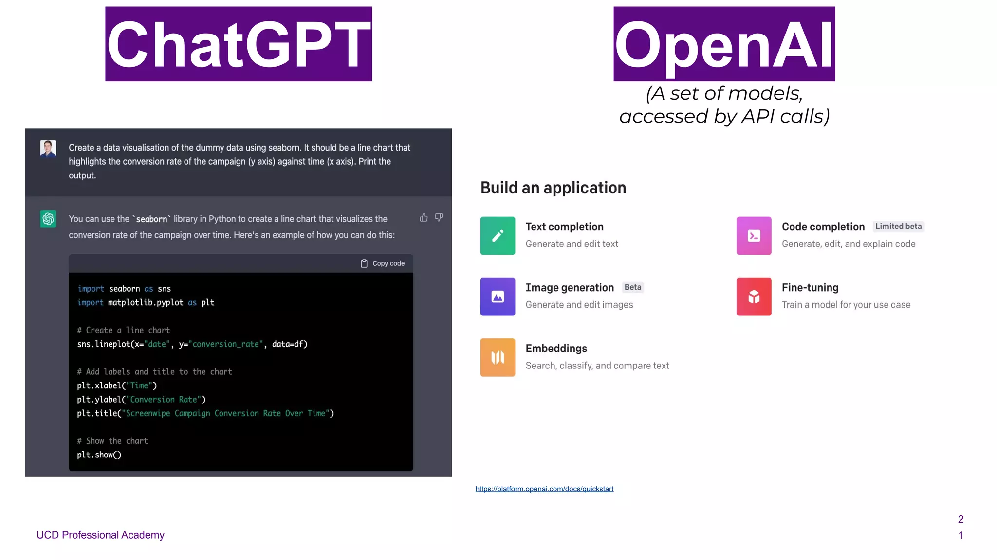 UCD Professional Academy
2
1
https://platform.openai.com/docs/quickstart
ChatGPT OpenAI
(A set of models,
accessed by API calls)
 