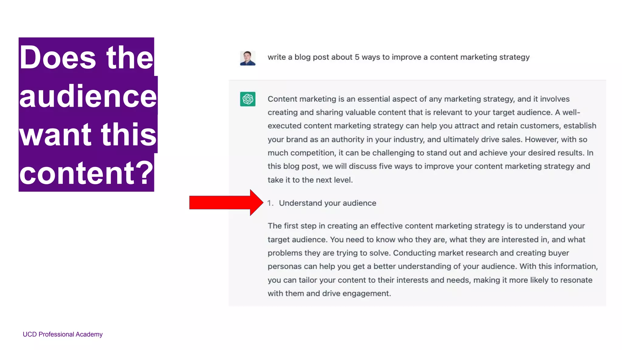 UCD Professional Academy
Does the
audience
want this
content?
 