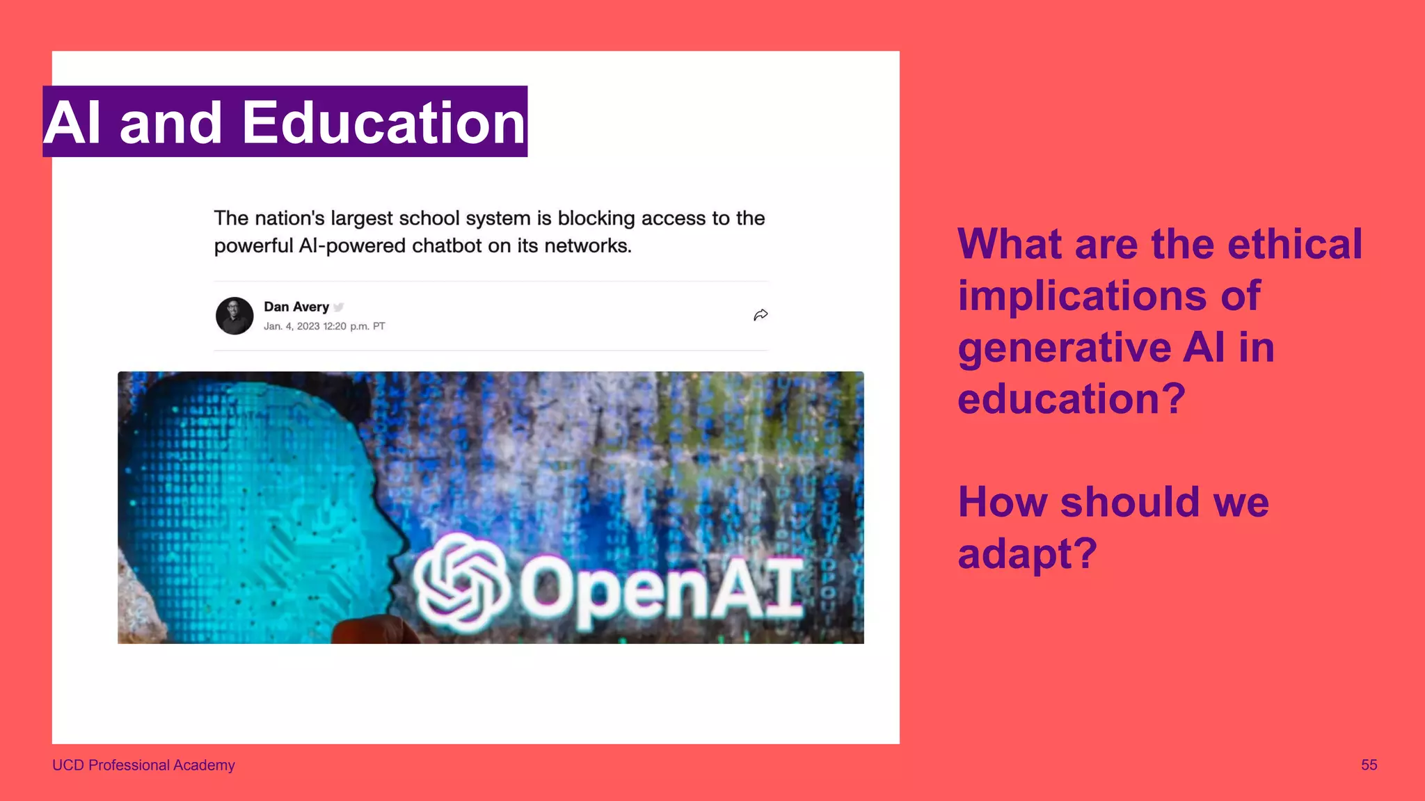 UCD Professional Academy
What are the ethical
implications of
generative AI in
education?
How should we
adapt?
AI and Education
55
 