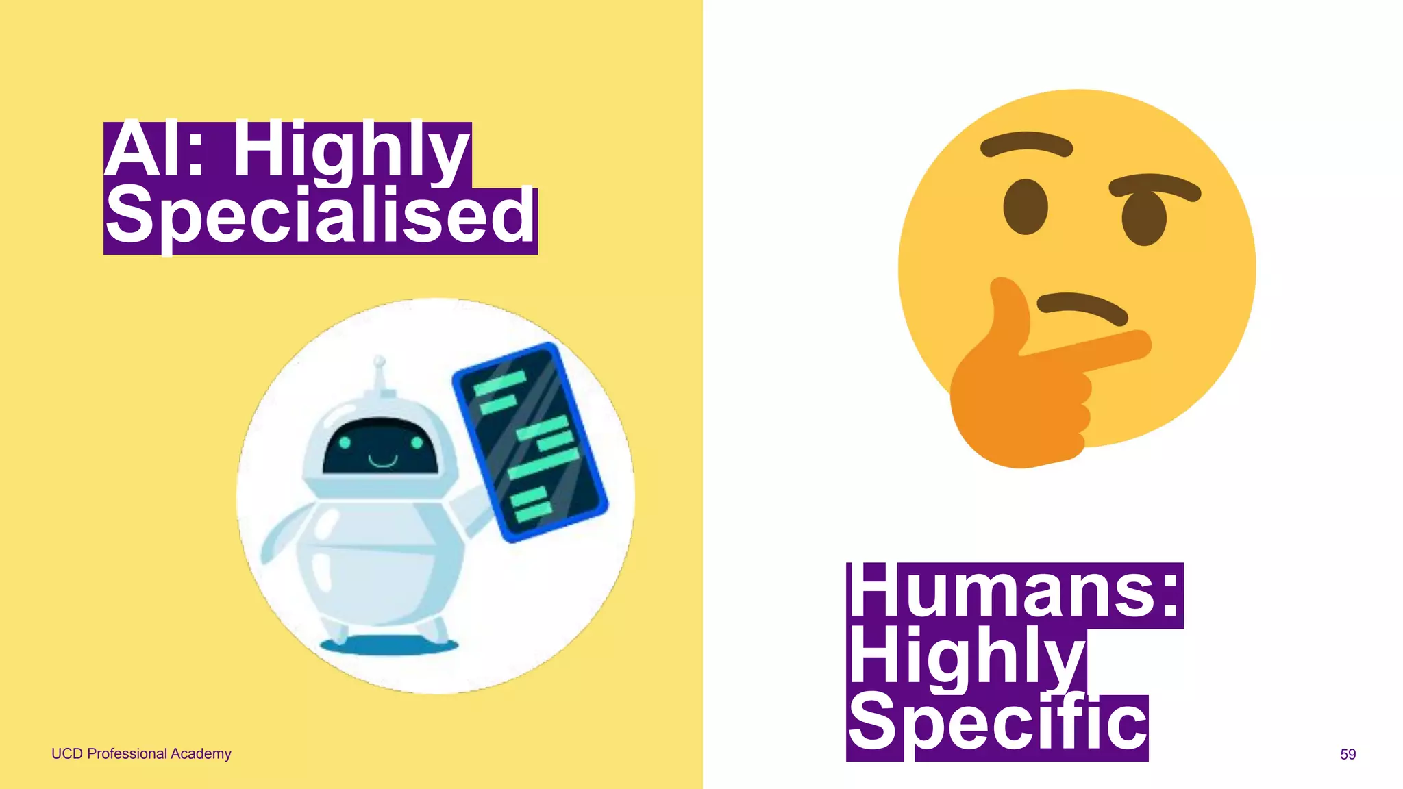 UCD Professional Academy 59
AI: Highly
Specialised
Humans:
Highly
Specific
 