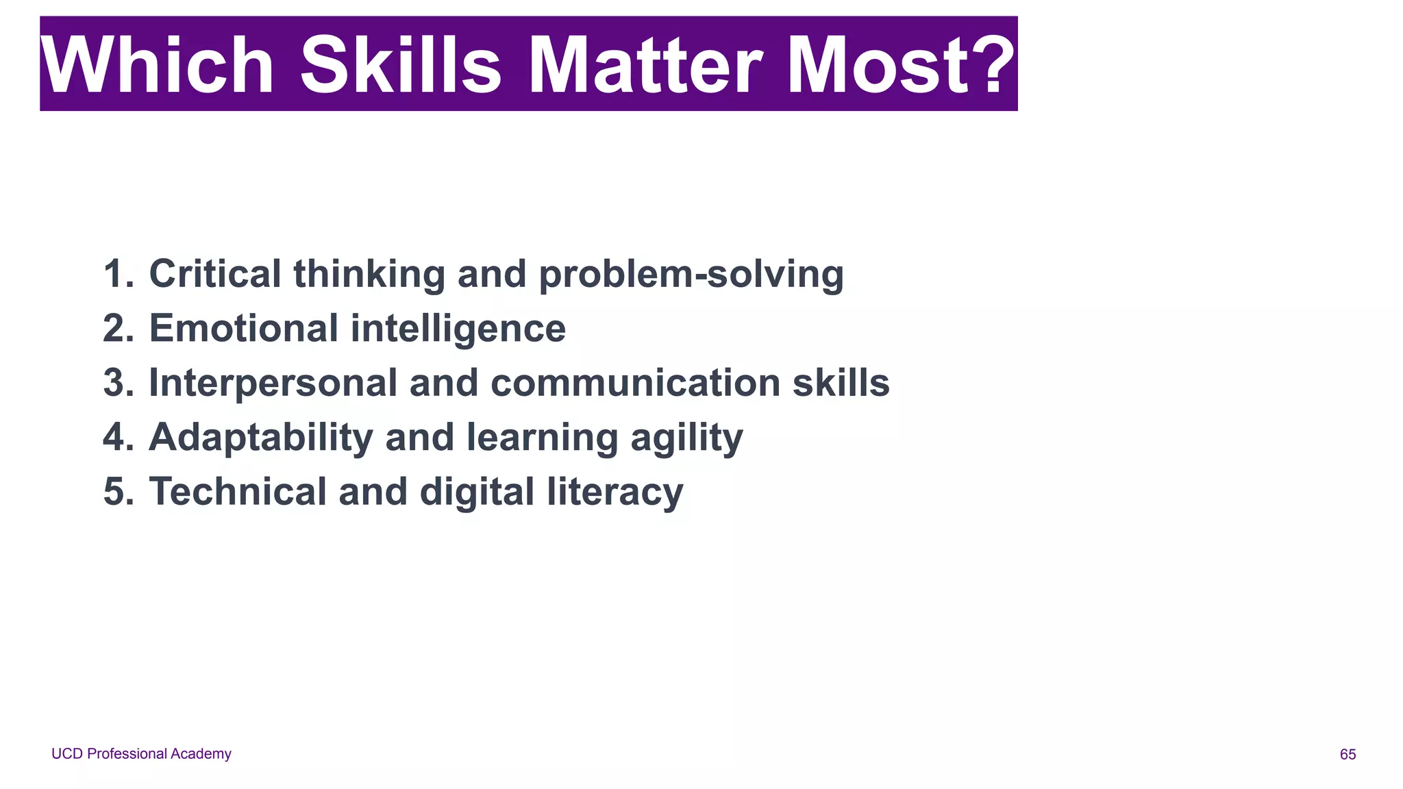 UCD Professional Academy 65
Which Skills Matter Most?
1. Critical thinking and problem-solving
2. Emotional intelligence
3. Interpersonal and communication skills
4. Adaptability and learning agility
5. Technical and digital literacy
 