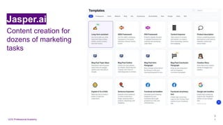 UCD Professional Academy
Jasper.ai
Content creation for
dozens of marketing
tasks
3
1
 
