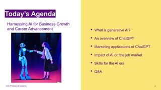 UCD Professional Academy
• What is generative AI?
• An overview of ChatGPT
• Marketing applications of ChatGPT
• Impact of AI on the job market
• Skills for the AI era
• Q&A
Today’s Agenda
Harnessing AI for Business Growth
and Career Advancement
2
 