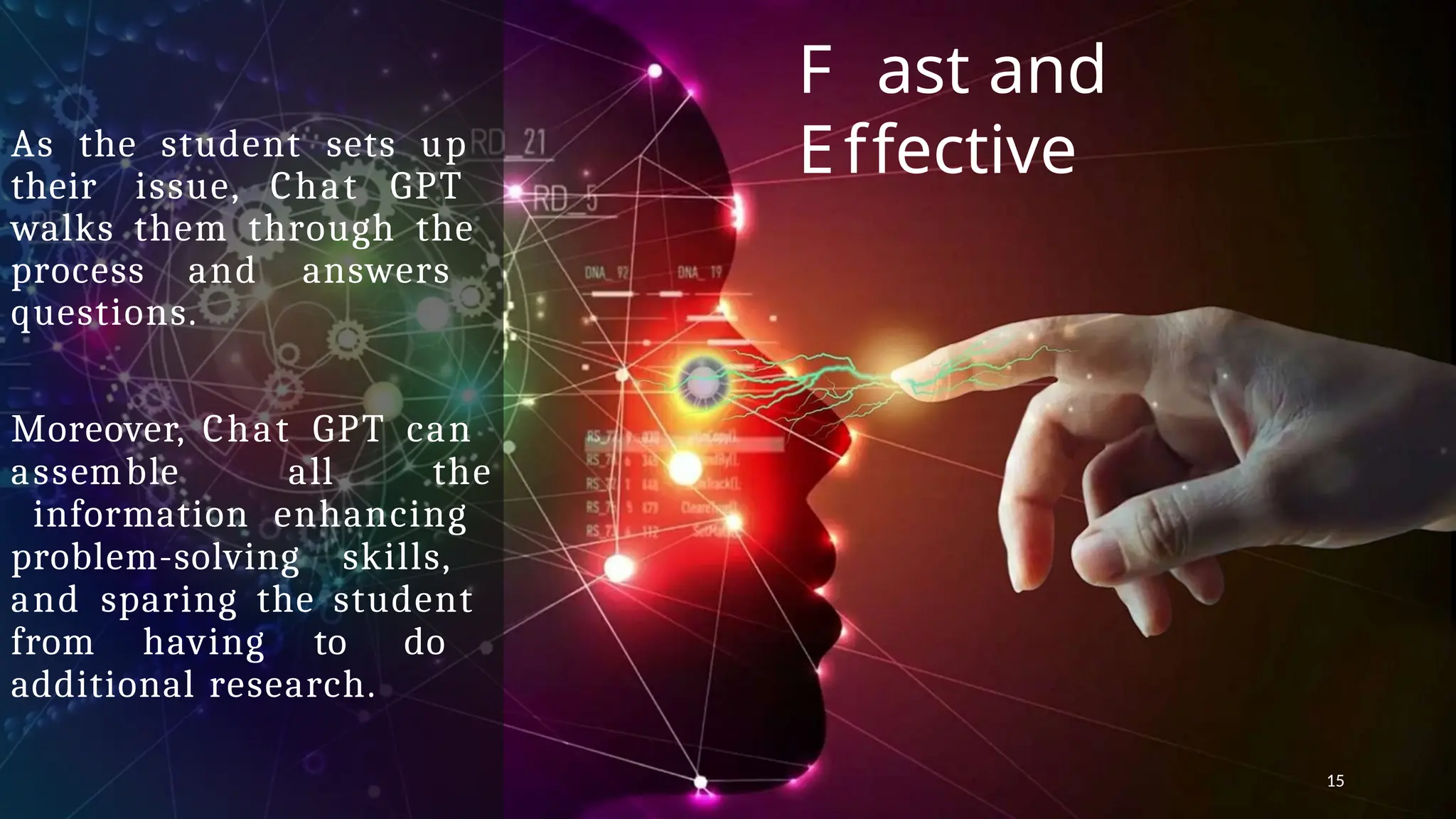 F ast and
Effective
As the student sets up
their issue, Chat GPT
walks them through the
process and answers
questions.
Moreover, Chat GPT can
assemble all the
information enhancing
problem-solving skills,
and sparing the student
from having to do
additional research.
15
 