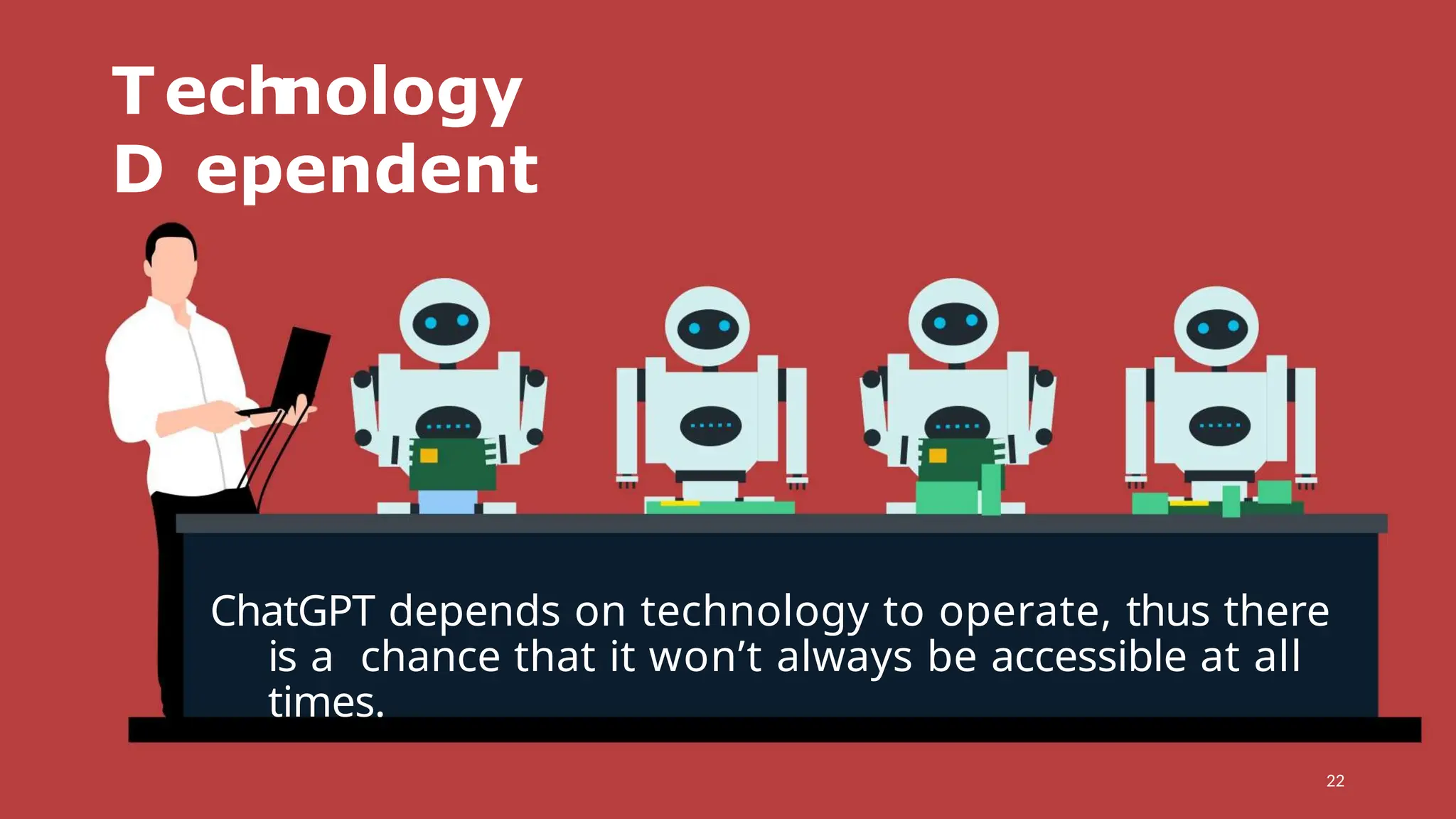 Tech
nology
D ependent
22
ChatGPT depends on technology to operate, thus there
is a chance that it won’t always be accessible at all
times.
 