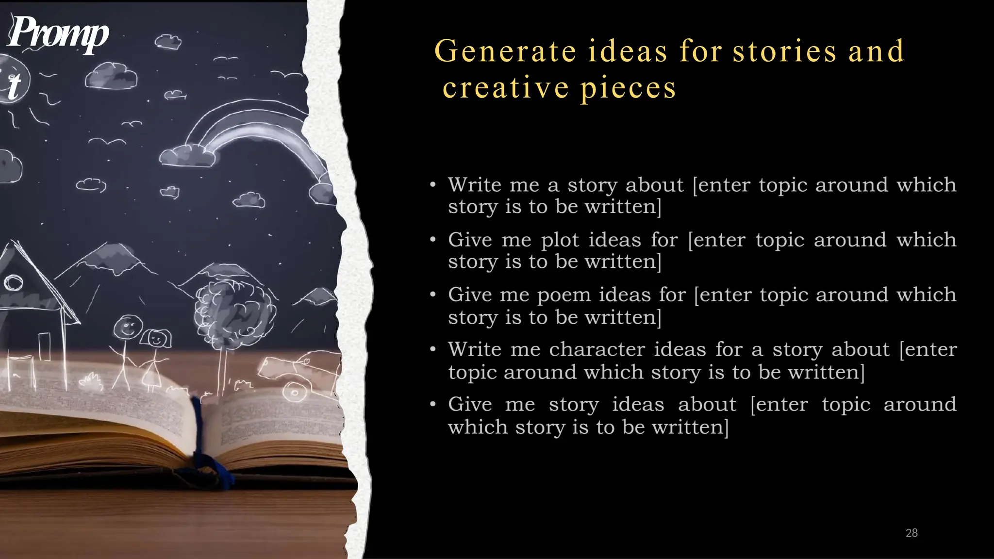 Generate ideas for stories and
creative pieces
Promp
t
28
 