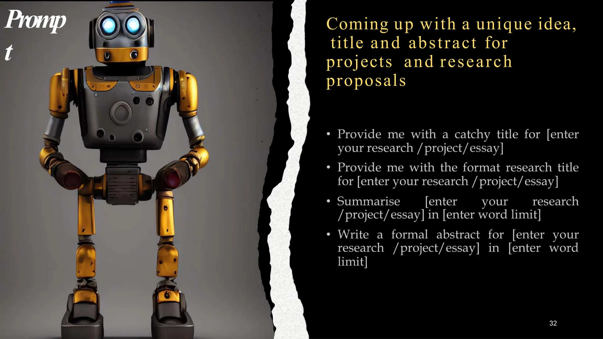 Coming up with a unique idea,
title and abstract for
projects and research
proposals
Promp
t
32
 