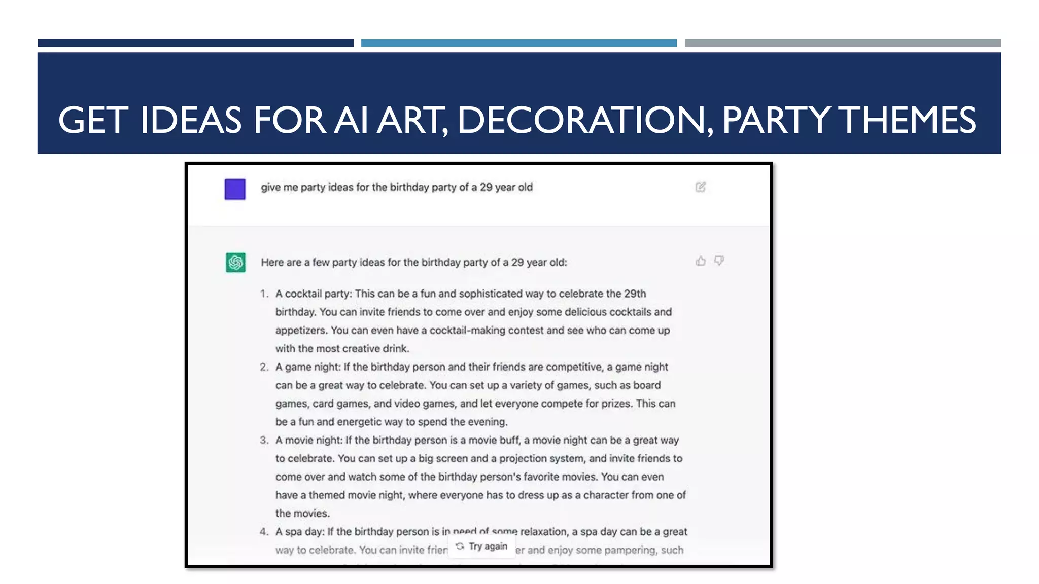 GET IDEAS FOR AI ART, DECORATION, PARTY THEMES
 