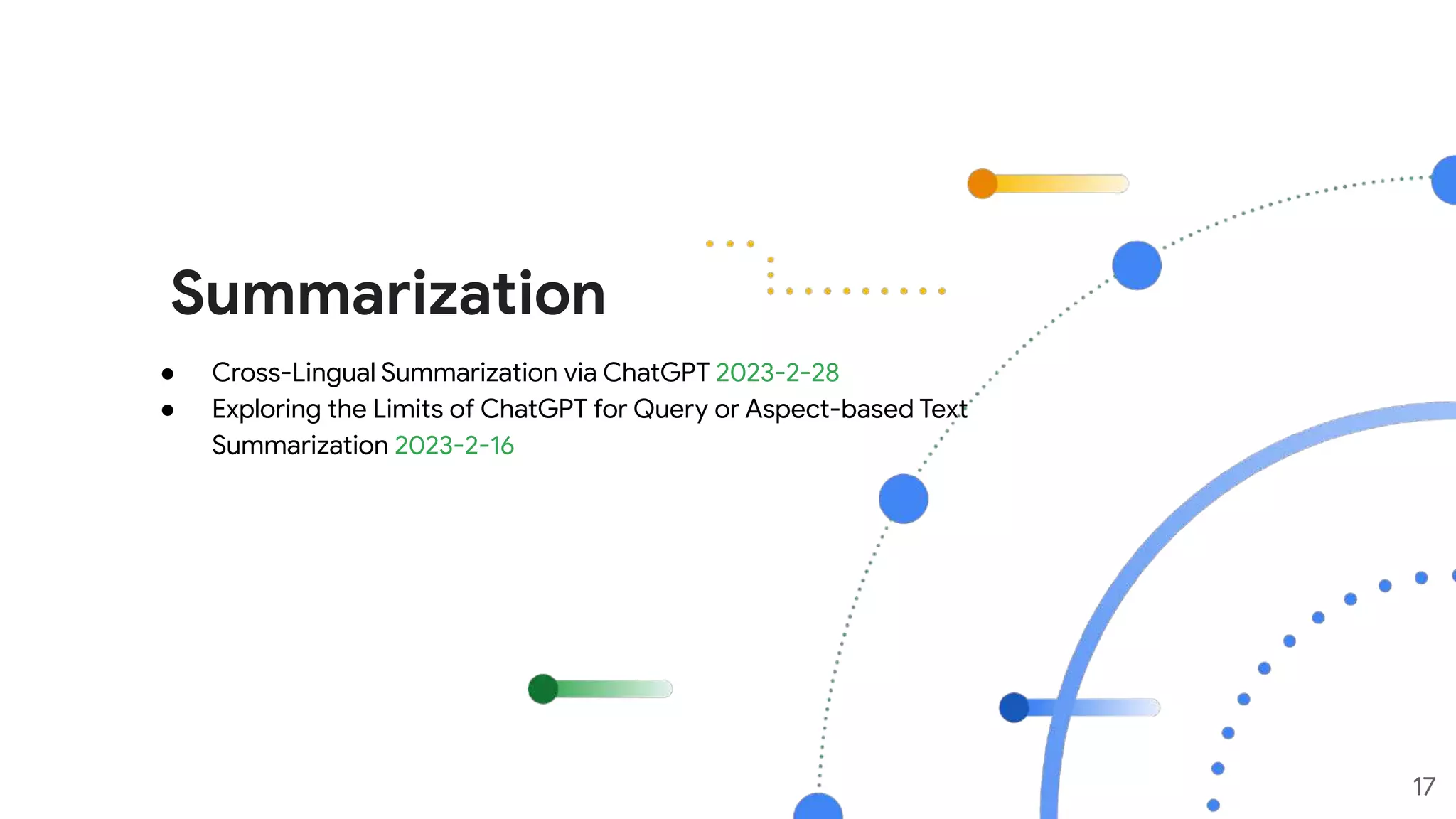 Summarization
17
● Cross-Lingual Summarization via ChatGPT 2023-2-28
● Exploring the Limits of ChatGPT for Query or Aspect-based Text
Summarization 2023-2-16
 