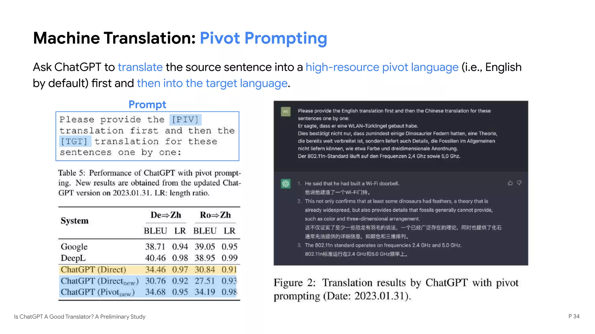 Is ChatGPT A Good Translator? A Preliminary Study
Machine Translation: Pivot Prompting
Ask ChatGPT to translate the source sentence into a high-resource pivot language (i.e., English
by default) first and then into the target language.
P 34
Prompt
 