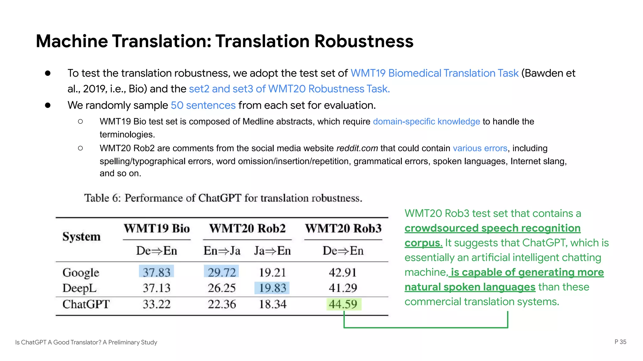 Is ChatGPT A Good Translator? A Preliminary Study
Machine Translation: Translation Robustness
● To test the translation robustness, we adopt the test set of WMT19 Biomedical Translation Task (Bawden et
al., 2019, i.e., Bio) and the set2 and set3 of WMT20 Robustness Task.
● We randomly sample 50 sentences from each set for evaluation.
○ WMT19 Bio test set is composed of Medline abstracts, which require domain-specific knowledge to handle the
terminologies.
○ WMT20 Rob2 are comments from the social media website reddit.com that could contain various errors, including
spelling/typographical errors, word omission/insertion/repetition, grammatical errors, spoken languages, Internet slang,
and so on.
P 35
WMT20 Rob3 test set that contains a
crowdsourced speech recognition
corpus. It suggests that ChatGPT, which is
essentially an artificial intelligent chatting
machine, is capable of generating more
natural spoken languages than these
commercial translation systems.
 