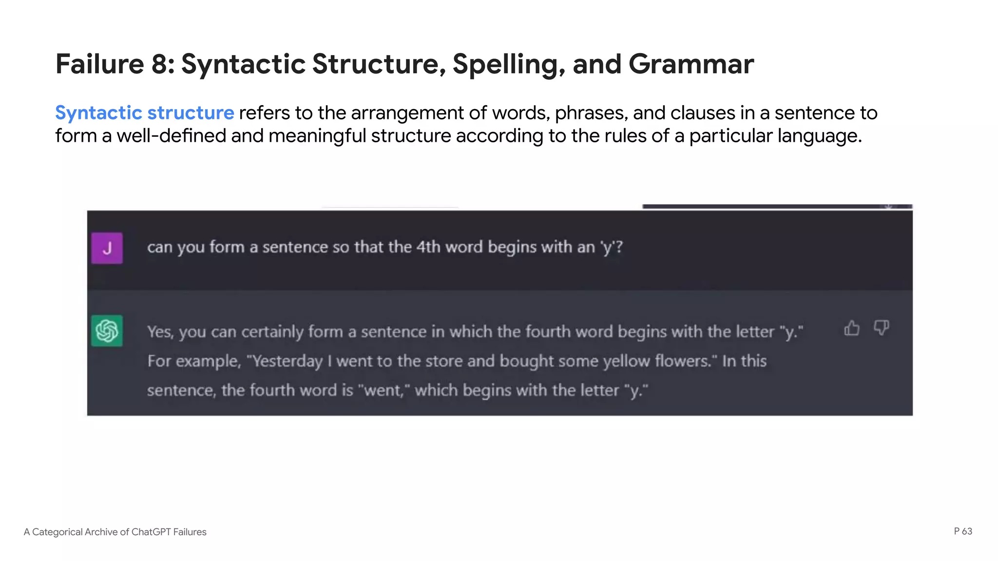 A Categorical Archive of ChatGPT Failures
Failure 8: Syntactic Structure, Spelling, and Grammar
Syntactic structure refers to the arrangement of words, phrases, and clauses in a sentence to
form a well-defined and meaningful structure according to the rules of a particular language.
P 63
 