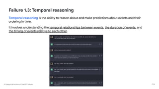 A Categorical Archive of ChatGPT Failures
Failure 1.3: Temporal reasoning
Temporal reasoning is the ability to reason about and make predictions about events and their
ordering in time.
It involves understanding the temporal relationships between events, the duration of events, and
the timing of events relative to each other.
P 55
 