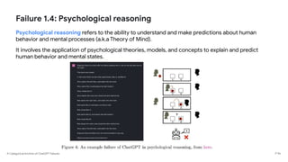 A Categorical Archive of ChatGPT Failures
Failure 1.4: Psychological reasoning
Psychological reasoning refers to the ability to understand and make predictions about human
behavior and mental processes (a.k.a Theory of Mind).
It involves the application of psychological theories, models, and concepts to explain and predict
human behavior and mental states.
P 56
 
