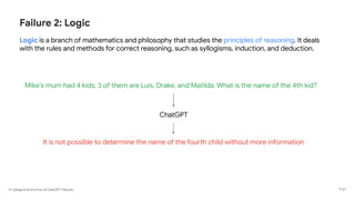 A Categorical Archive of ChatGPT Failures
Failure 2: Logic
Logic is a branch of mathematics and philosophy that studies the principles of reasoning. It deals
with the rules and methods for correct reasoning, such as syllogisms, induction, and deduction.
P 57
Mike’s mum had 4 kids; 3 of them are Luis, Drake, and Matilda. What is the name of the 4th kid?
ChatGPT
It is not possible to determine the name of the fourth child without more information
 