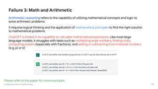 A Categorical Archive of ChatGPT Failures
Failure 3: Math and Arithmetic
Arithmetic reasoning refers to the capability of utilizing mathematical concepts and logic to
solve arithmetic problems.
It requires logical thinking and the application of mathematical principles to find the right solution
to mathematical problems.
ChatGPT is limited in its capability to calculate mathematical expressions. Like most large
language models, it struggles with tasks such as multiplying large numbers, finding roots,
computing powers (especially with fractions), and adding or subtracting from irrational numbers
(e.g. pi or e)
P 58
Please refer to the paper for more examples
 