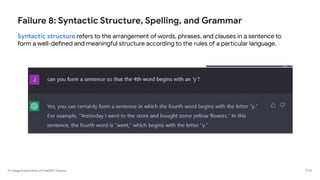 A Categorical Archive of ChatGPT Failures
Failure 8: Syntactic Structure, Spelling, and Grammar
Syntactic structure refers to the arrangement of words, phrases, and clauses in a sentence to
form a well-defined and meaningful structure according to the rules of a particular language.
P 63
 