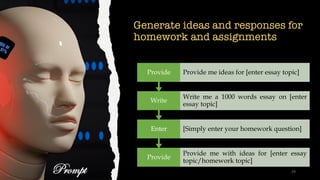 Generate ideas and responses for
homework and assignments
Provide
Provide me with ideas for [enter essay
topic/homework topic]
Enter [Simply enter your homework question]
Write
Write me a 1000 words essay on [enter
essay topic]
Provide Provide me ideas for [enter essay topic]
Prompt 29
 
