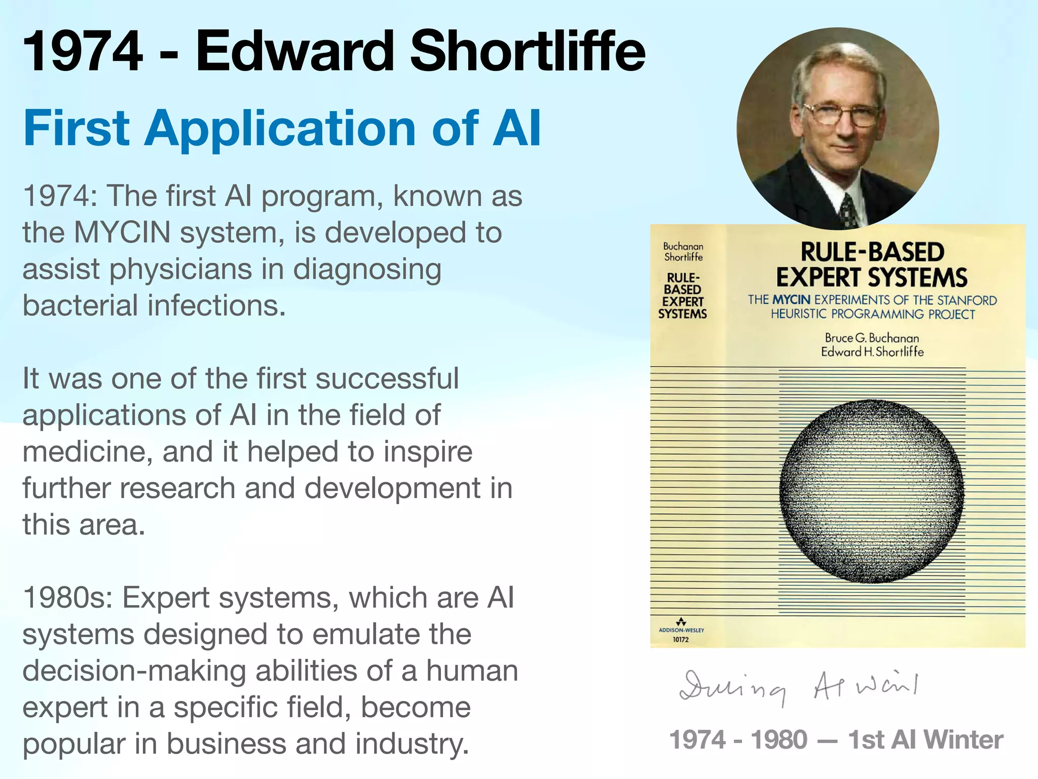 1974 - Edward Shortliffe
1974: The
fi
rst AI program, known as
the MYCIN system, is developed to
assist physicians in diagnosing
bacterial infections.
It was one of the
fi
rst successful
applications of AI in the
fi
eld of
medicine, and it helped to inspire
further research and development in
this area.
1980s: Expert systems, which are AI
systems designed to emulate the
decision-making abilities of a human
expert in a speci
fi
c
fi
eld, become
popular in business and industry.
First Application of AI
1974 - 1980 — 1st AI Winter
 