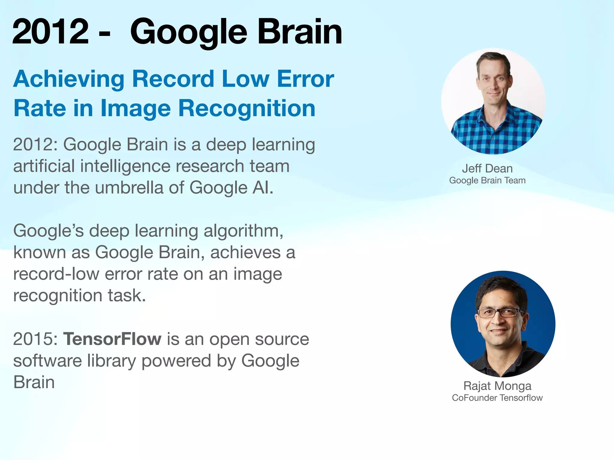 2012 - Google Brain
2012: Google Brain is a deep learning
arti
fi
cial intelligence research team
under the umbrella of Google AI.
Google’s deep learning algorithm,
known as Google Brain, achieves a
record-low error rate on an image
recognition task.
2015: TensorFlow is an open source
software library powered by Google
Brain
Achieving Record Low Error
Rate in Image Recognition
Je
ff
Dean
Google Brain Team
Rajat Monga
CoFounder Tensor
fl
ow
 