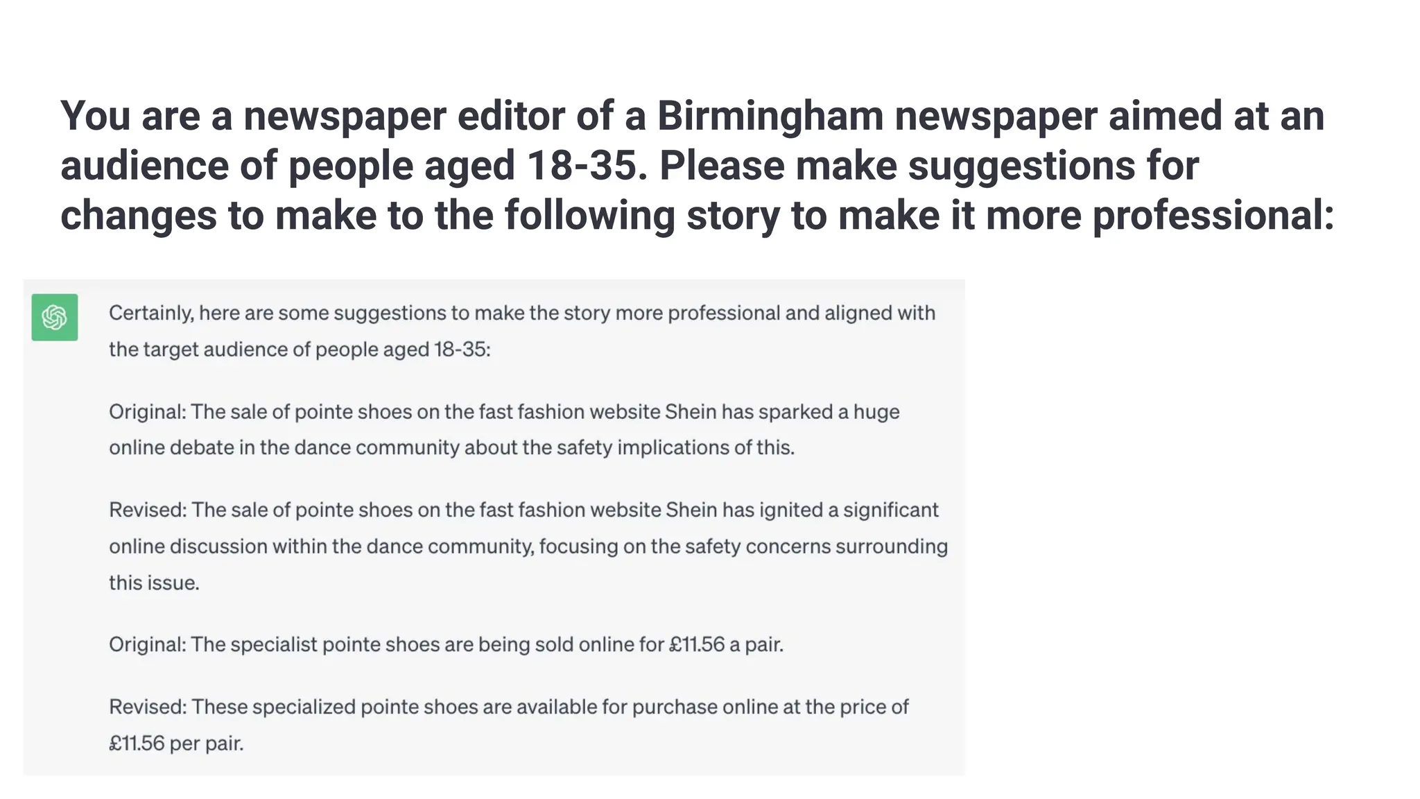 You are a newspaper editor of a Birmingham newspaper aimed at an
audience of people aged 18-35. Please make suggestions for
changes to make to the following story to make it more professional:
 