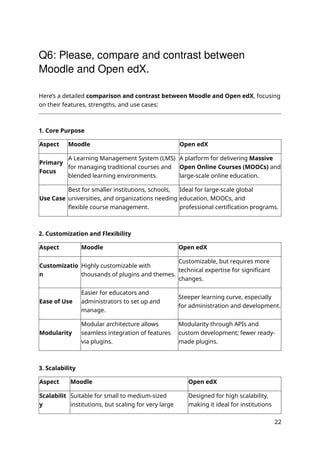 Q6: Please, compare and contrast between
Moodle and Open edX.
Here’s a detailed comparison and contrast between Moodle and Open edX, focusing
on their features, strengths, and use cases:
1. Core Purpose
Aspect Moodle Open edX
Primary
Focus
A Learning Management System (LMS)
for managing traditional courses and
blended learning environments.
A platform for delivering Massive
Open Online Courses (MOOCs) and
large-scale online education.
Use Case
Best for smaller institutions, schools,
universities, and organizations needing
flexible course management.
Ideal for large-scale global
education, MOOCs, and
professional certification programs.
2. Customization and Flexibility
Aspect Moodle Open edX
Customizatio
n
Highly customizable with
thousands of plugins and themes.
Customizable, but requires more
technical expertise for significant
changes.
Ease of Use
Easier for educators and
administrators to set up and
manage.
Steeper learning curve, especially
for administration and development.
Modularity
Modular architecture allows
seamless integration of features
via plugins.
Modularity through APIs and
custom development; fewer ready-
made plugins.
3. Scalability
Aspect Moodle Open edX
Scalabilit
y
Suitable for small to medium-sized
institutions, but scaling for very large
Designed for high scalability,
making it ideal for institutions
22
 