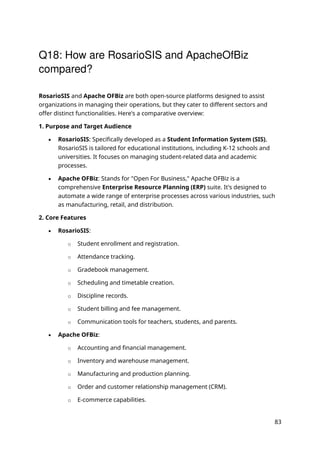 Q18: How are RosarioSIS and ApacheOfBiz
compared?
RosarioSIS and Apache OFBiz are both open-source platforms designed to assist
organizations in managing their operations, but they cater to different sectors and
offer distinct functionalities. Here's a comparative overview:
1. Purpose and Target Audience
 RosarioSIS: Specifically developed as a Student Information System (SIS),
RosarioSIS is tailored for educational institutions, including K-12 schools and
universities. It focuses on managing student-related data and academic
processes.
 Apache OFBiz: Stands for "Open For Business," Apache OFBiz is a
comprehensive Enterprise Resource Planning (ERP) suite. It's designed to
automate a wide range of enterprise processes across various industries, such
as manufacturing, retail, and distribution.
2. Core Features
 RosarioSIS:
o Student enrollment and registration.
o Attendance tracking.
o Gradebook management.
o Scheduling and timetable creation.
o Discipline records.
o Student billing and fee management.
o Communication tools for teachers, students, and parents.
 Apache OFBiz:
o Accounting and financial management.
o Inventory and warehouse management.
o Manufacturing and production planning.
o Order and customer relationship management (CRM).
o E-commerce capabilities.
83
 